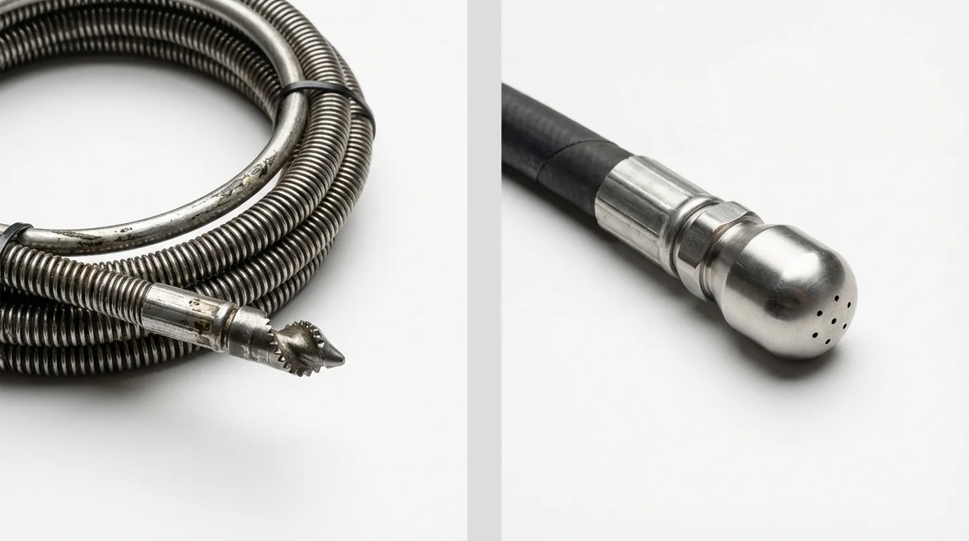 Drain snake cable and hydro jetting nozzle used for drain cleaning in Crosby, ND
