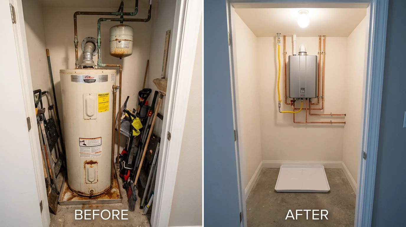 Tank water heater versus wall-mounted tankless unit comparison for Crosby, ND homeowners