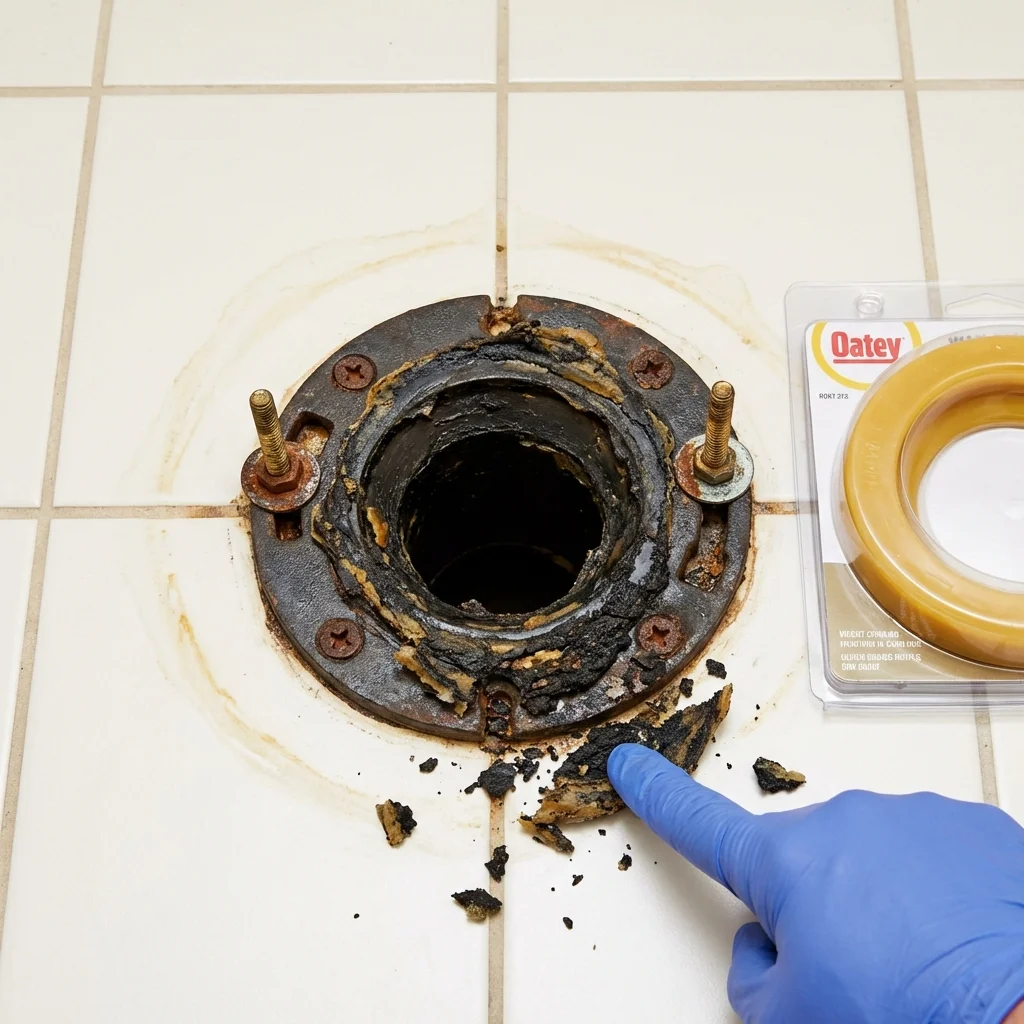 Failed wax ring showing water seepage at the base of a toilet in a Crosby, ND home