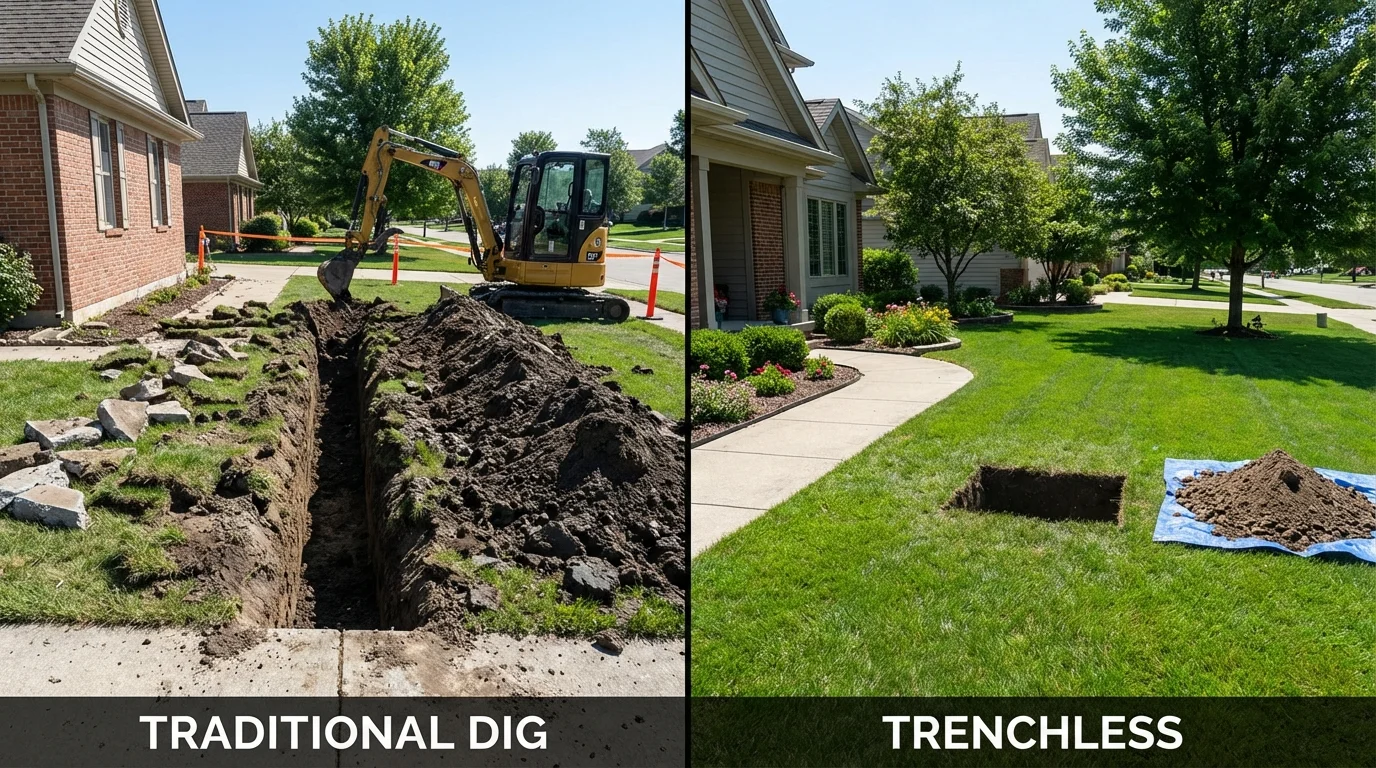Trenchless sewer repair with minimal yard damage versus traditional excavation in Crosby, ND
