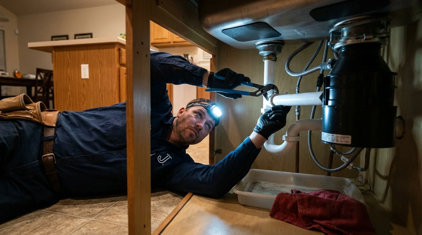 P-trap and supply line connections under a kitchen sink showing a common leak point in Crosby, ND